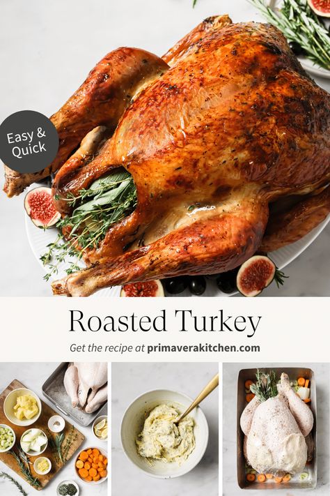 Roasted turkey is the perfect showstopper for your Thanksgiving holiday spread. It’s made with flavorful aromatics, loads of fresh herbs and an incredible compound butter that takes your turkey to the next level. #roastedturkey #garlicbutterroastedturkey Butter Roasted Turkey, Spatchcock Turkey Recipe, Spatchcock Turkey, Glazed Turkey, Soy Butter, Roast Turkey Recipes, Veggie Casserole, Frozen Turkey, Turkey Glaze