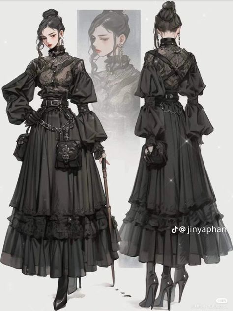 Victorian Dress Drawing, Writing Outfits, Black Victorian Dress, Clothing Design Sketches, Fashion Sketches Dresses, Fantasy Dresses, Fashion Drawing Dresses, Drawing Anime Clothes, Dress Design Sketches