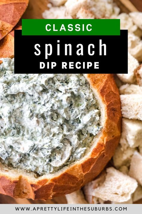 A Classic Spinach Dip Recipe made with Knorrs Vegetable Soup Mix. Delicious served in a bread bowl as a dip for fresh vegetables and with chunks of bread. Classic Spinach Dip Recipe, Classic Spinach Dip, Knorr Spinach Dip, Cheese Sauces, Spinach Dip Recipe, Delicious Dips Recipes, Bread Dip, Mini Pizzas, Bread Bowl