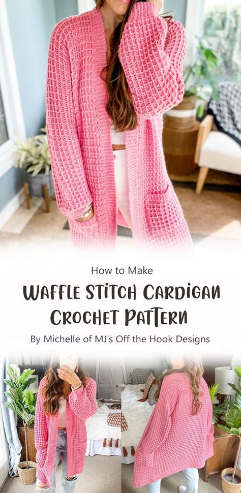 Waffle Stitch Cardigan Crochet Pattern By Michelle of MJ’s Off the Hook Designs. The waffle stitch tutorial is so fun to crochet and it looks great in any color! This cardigan is so easy to make and you will love wearing it. Waffle Cardigan Crochet Pattern, Waterfall Cardigan Crochet Pattern, Waffle Stitch Crochet Cardigan, Crochet Waffle Stitch Cardigan, Velvet Cardigan Crochet Pattern, Crochet Pattern Long Cardigan, Waffle Stitch Cardigan, Easy Crochet Duster Pattern Free, Crochet Waffle Stitch Sweater