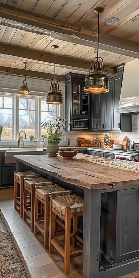 Wood Countertop Island, Farmhouse Appliances, Rustic Kitchen With Island, Kitchen Large Island With Seating, Live Edge Wood Kitchen Island, Rustic Kitchen Remodel Ideas, Rustic Kitchens With Islands, 8ft Kitchen Island, Kitchen Table Island