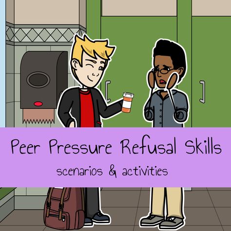 Equip students with the skills to stand up against peer pressure with helpful activities and scenarios! Comics are a great way to introduce situations and have students work through what the right thing to do is. Peer Pressure Activities For Teens, Peer Pressure Activities, Peer Pressure Lessons, I Messages, Counselling Activities, I Statements, Assertiveness Skills, Teaching Respect, Counseling Classroom