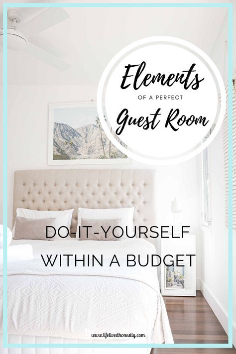 The perfect guest room is not hard to put together within a budget. Gather the things you have in your home or buy them reasonably. You can do it in a few days, with ease and elegance. #ad, #budgetguestroom, #hybridmattress, #guestroomdecor, #tuftheadboard.