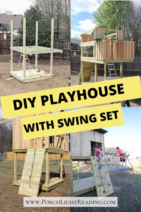 Materails list plus the tools we used to complete our DIY swing set and playhouse. With balcony, rock wall and more! #backyard #swingset #outdoorproject #playhouse Diy Swing Set With Slide, Diy Playset Outdoor, Diy Playground Backyard, Diy Swingset, Bedroom Decor Gray, Diy Playset, Diy Swing Set, Swing Set Plans, Modern Playhouse