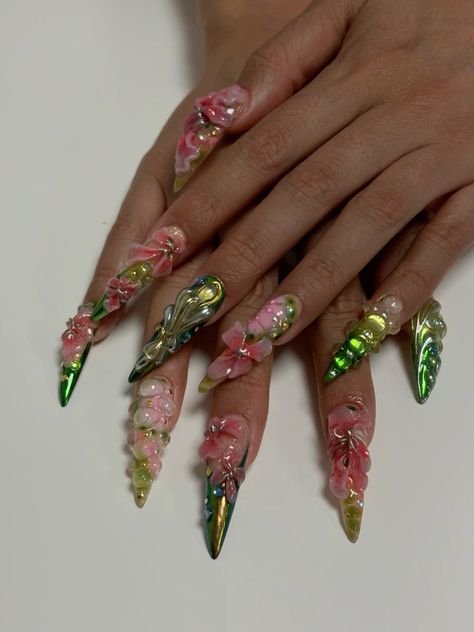 Fake Nails Designs Acrylics Ideas, Long 3d Nails, 3d Gem Nails, Nail Clear Design, Nail Designs Pink And Green, Greek Acrylic Nails, Artsy Nail Ideas, Sculpted Nail Art, D&d Nails