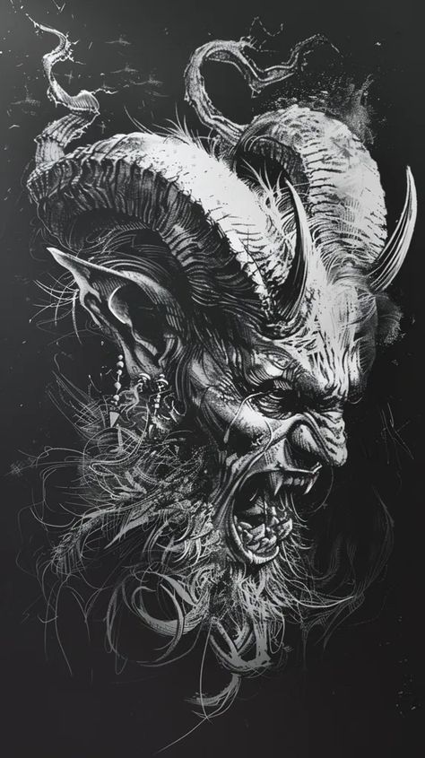 Drawing Of A Demon, Demon Drawing, Baroque Tattoo, Black Paper Drawing Ideas, Japanese Warrior Tattoo, Paper Drawing Ideas, Satanic Tattoos, Black Tattoo Cover Up, Full Leg Tattoos