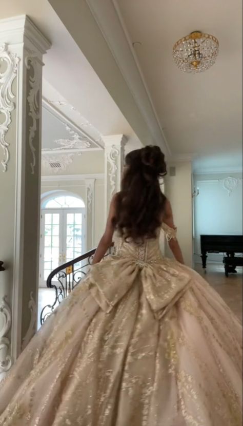 Gold Gown Aesthetic, Ballgown Aesthetic, Old Ball Gowns, Hairstyles Old Money, Brown Hair Hairstyles, Hairstyles Brown Hair, Aesthetic Ball Gowns, Ball Gown Vintage, Brown Wedding Themes