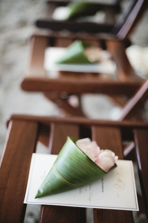 Green leaf cones holder with white rose petals for congratulating the newly weds after ceremony South Indian Decor, Costa Rica Beach Wedding, Petal Cones, Papagayo Costa Rica, White Rose Petals, Costa Rica Beach, Flower Cones, Petal Toss, Wedding Hawaii