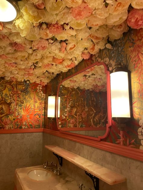 Ivy Bathroom, Feminine Bathroom, Floral Ceiling, Bathroom Flowers, Ivy Flower, Ceiling Bathroom, Flower Ceiling, Bathroom Vanity Designs, Powder Room Makeover