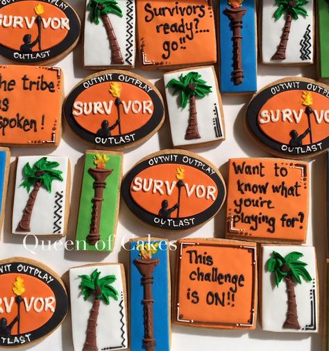 Survivor Themed Bachelorette Party, Survivor Bachelorette Party, Tiki Party Food, Bach Idea, Survivor Poster, Survivor Party Games, Survivor Theme, Hawaiian Cookies, Camp Themes