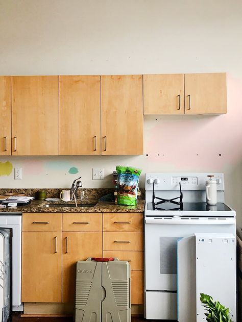 See the 3 Year Evolution of One Detroit-Based Artist’s One-Wall Kitchen Kitchen Cabinet Makeovers, Rental Makeover, Lauren Hom, Kitchen Cabinets Before And After, One Wall Kitchen, Kitchen Revamp, Upper Kitchen Cabinets, Stock Cabinets, Flat Panel Cabinets