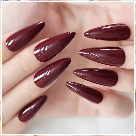 ELEVENAIL Halloween False Nails Glossy Solid Burgundy Long Stiletto Press on Nails Reusable Wearable Red Fake Acrylic Nail Art Tips Salon DIY Manicure Gifts with Adhesive Tabs Nail File Manicure Gifts, Stiletto Press On Nails, Fake Acrylic Nails, Fall Wedding Nails, Elegant Manicure, Nails Glossy, Pink Gel Nails, Long Stiletto, Gel Nail Tips