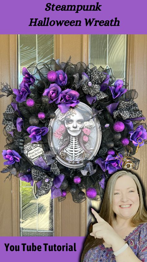 Boy did I have fun with this Steampunk Halloween Wreath DIY. In today's crafting adventure I will be sharing step by step the wreath making process. This beautiful Halloween wreath is also suitable for the Day of the Dead celebrations as well. The finished wreath is a whopping 24 inches in diameter, a great statement wreath for your front door to welcome your guest this coming October. Grab a notepad and get comfy as I show you how to make this deco mesh Halloween wreath. Day Of The Dead Wreath Diy, How To Make A Halloween Wreath, Day Of The Dead Wreath, Diy Day Of The Dead, Picture Wreath, Fun Diy Halloween Decorations, Halloween Door Wreaths, Halloween Deco Mesh, Steampunk Halloween