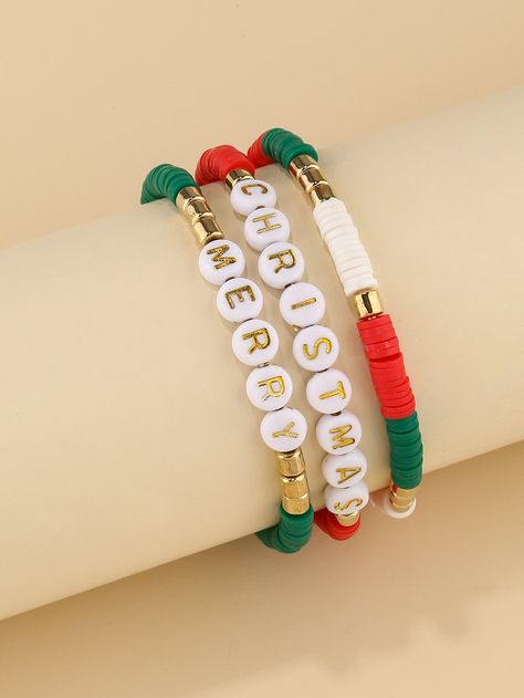 Pulseras Kandi, Holiday Party Accessories, Holiday Bracelets, Polymer Clay Bracelet, Bracelet Sets, Christmas Letter, Bead Charms Diy, Clay Bracelet, Packing Jewelry