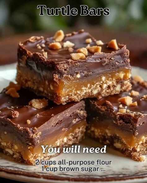 Ashley’s Recipes | Turtle Bars | Facebook Easy Turtle Bars, Better Than Anything Bars, Turtle Bars Recipe, Easy Squares, Turtle Cookie Bars, Shortbread Crust Recipe, Cookies 2023, Turtle Bars, Easy Christmas Candy Recipes