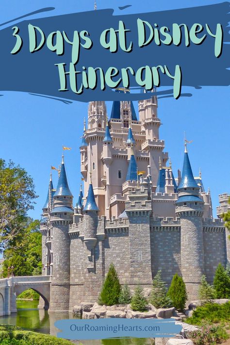 Planning a trip to Disney can be overwhelming, so we've put together a 3-day itinerary that will help make the most of your time at the parks! #disneyvacation #traveltips #travelwithkids #itinerary #ourroaminghearts #flordia | Family Vacation | Traveling with Kids | Disney | 3 Day Itinerary | Orlando Florida | Disney | Disney World 3 Day Itinerary, Disney Trip Itinerary Template, 3 Day Disneyland Itinerary, 3 Day Disney World Itinerary, Disney Itinerary Template, Cheap Travel Usa, Disney Itinerary, Disney World Itinerary, Orlando Florida Disney