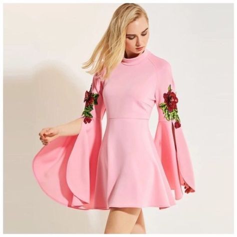 Flared Sleeve Dress, Sequin Flower, Flare Sleeve Dress, Sleeves Designs For Dresses, Pink Retro, Flare Sleeves, فستان سهرة, Frock Design, Designs For Dresses