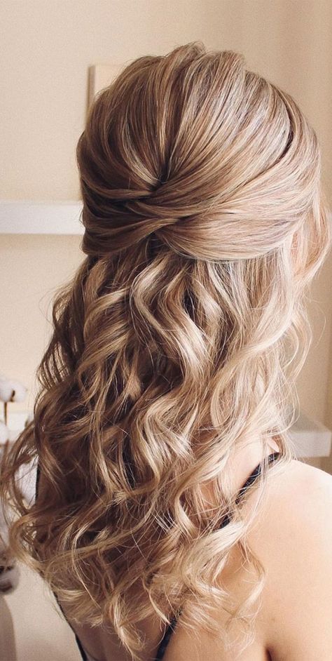 43 Eye-Catching Half Up Hairstyles : golden blonde beauty Half Up Hairstyles, Golden Blonde Hair Color, Bridemaids Hairstyles, Half Up Half Down Hair Prom, Golden Blonde Hair, Bridesmaid Hair Half Up, Prom Hairstyles For Long Hair, Golden Blonde, Half Up Hair