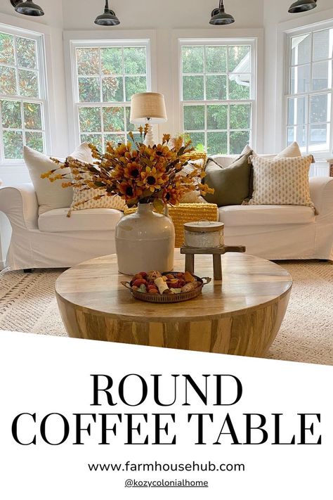 Round Coffee Table Ideas Round Wood Coffee Table Living Rooms, Round Lift Top Coffee Table, Round Coffee Table Ideas, Round Farmhouse Coffee Table, Round Coffee Table Decor, Round Table Centerpiece, Round Living Room Table, Round Coffe Table, Books And Plants