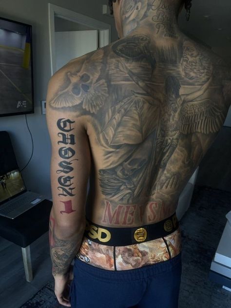 Back Off Neck Tattoo, Sauce Gardner Tattoos, Old English Birth Year Tattoo, Tattoo Fillers Men, Chosen Tattoo Men, Bread Winner Tattoo, Dope Men Tattoos, Black Men Arm Tattoos Sleeve, Fill In Tattoo Ideas Sleeve Men