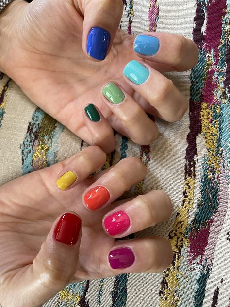 Low Maintenance Nail Design, Fall Skittle Manicure, Colourful Nails Short, Short Nails Solid Color, Hippie Nail Ideas, Fun Colorful Nails, Eclectic Nails, Silly Nails, Multi Colored Nails