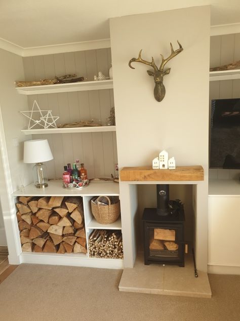 Alcove Shelving With Log Store, Wood Burner Storage Ideas, Log Burner Alcove Shelving, Tv Beside Wood Stove, Alcove Firewood Storage, Built In Shelves Living Room Wood Stove, Alcove Ideas Living Room Wood Storage, Log Store Alcove, Log Storage Alcove