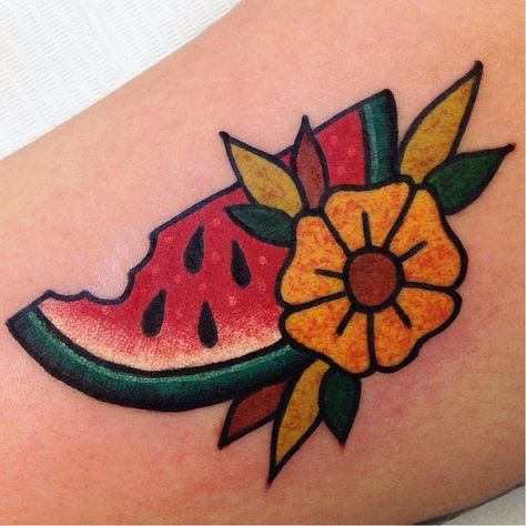 Watermelon Tattoo, Tattoo Sleeve Filler, Fruit Tattoo, Traditional Style Tattoo, Summer Tattoo, Traditional Tattoo Design, Watermelon Fruit, Traditional Tattoos, Tattoo Life