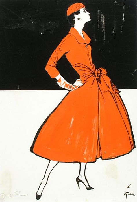 20th century French fashion illustrator, the Red Coat Rene Gruau, Jacques Fath, Dior Collection, Fashion Illustration Vintage, Elsa Schiaparelli, Dior Haute Couture, Pierre Balmain, Fashion Art Illustration, Fashion Illustrator