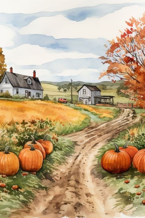 Fall Landscapes To Paint, Fall Scene Acrylic Painting, Fall Inspo Drawing, Fall Farm Painting, Watercolor Painting Fall, Pumpkin Patch Painting On Canvas, Fall Painting Watercolor, Vintage Fall Paintings, Pumpkin Patch Watercolor