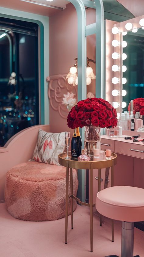 This enchanting beauty room is the ideal setting for bridal makeup magic. Featuring a stylish makeup station surrounded by blooming roses and a bottle of champagne, it's a perfect blend of romance and glamour for every bride-to-be. #wedding #bridalmakeup #homedesign #weddinginspo Bridal Makeup Room Interior, Vintage Salon Decor, Bridal Suite Room, Makeup Bar, Suite Room, Romantic Makeup, Life In Pink, Bottle Of Champagne, Stylish Makeup