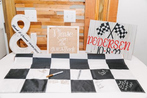 Checkered Racing Flag Wedding Guest Book Idea, Silver and Gold Sharpie Race Wedding Ideas, Racing Wedding Theme, Checkered Flag Wedding, Racing Wedding, Car Themed Wedding, Gold Sharpie, Small Backyard Wedding, Racing Flag, Stock Car Racing