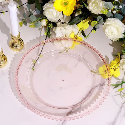 6 Pack - 12" Clear Plastic Round Charger Plates With Blush Beaded Rim Acrylic Charger Plates, Pipe And Drape Backdrop, Glass Charger Plates, Outdoor Reception, Acrylic Plastic, Charger Plates, Beaded Trim, Event Catering, Different Light