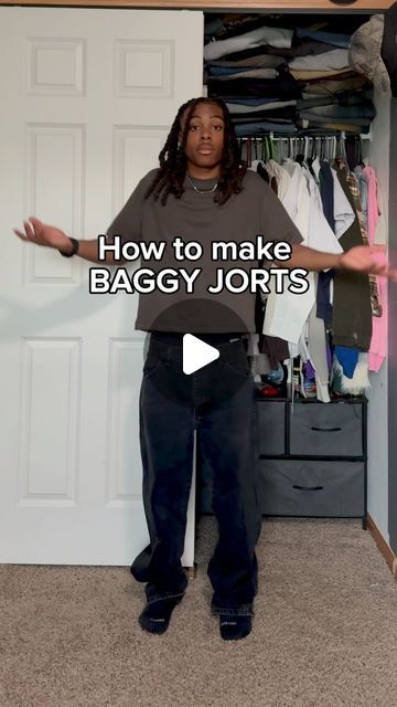 Eli on Instagram: "Easy baggy jorts tutorial from any jeans. If you want the hemmed edges tutorial lmk • • • • • • #fashion #explore #outfitinspo #jorts #sewingtips  Fashion reels. New fashion. Baggy Jorts. Sewing tutorial. Outfit inspiration. Street Wear. Summer jorts." How To Make Baggy Jorts, How To Make Jorts With Jeans, Diy Jorts From Jeans, Baggie Jeans Outfit, Edges Tutorial, Street Wear Summer, Summer Jorts, Jorts Baggy, Fashion Reels