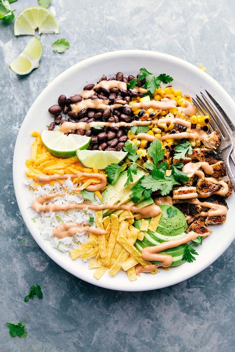 Grilled BBQ Chicken Rice Bowl | Chelsea's Messy Apron Bbq Chicken Rice Bowl, Chicken Rice Bowl Recipe, Avocado Tortilla, Chicken Rice Bowl, Rice Black Beans, Chicken Grill, Rice Bowl Recipe, Sweet Bbq Sauce, Tortilla Strips