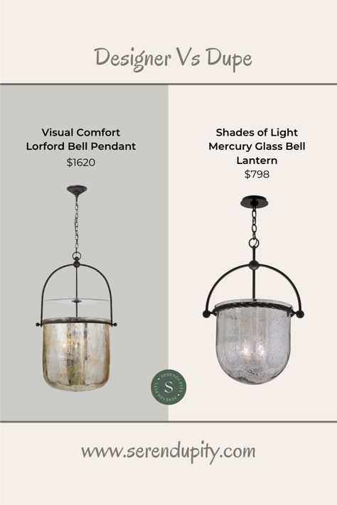 Are you in search of designer-style lighting without breaking the bank? Look no further than the Shades of Light Mercury Glass Bell Lantern—the perfect dupe for the Visual Comfort Lorford Smoke Bell Pendants. These stunning bell-shaped pendants offer the same beautiful, sophisticated look at a fraction of the price. Follow along for more amazing dupes and you can find the perfect lighting option for your home without sacrificing style! #designerlighting #designervsdupe #visualcomfort Bell Lantern Pendant, Lorford Bell Lantern, Bell Jar Aesthetic, Mercury Glass Pendant Light, Glass Pendant Lighting Kitchen, Visual Comfort Lighting, Decorating A New Home, Shades Of Light, The Bell Jar