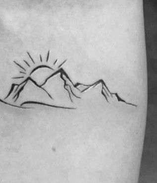 Sun Rising Over Mountains Tattoo, Mountain With Sunset Tattoo, Still I Rise Mountain Tattoo, Mountain Sun Tattoo Simple, Mountain And Sunset Tattoo, Still I Rise Sun Tattoo, Sunrise Over Mountains Tattoo, Mountain Sun Tattoo, Sun And Mountain Tattoo