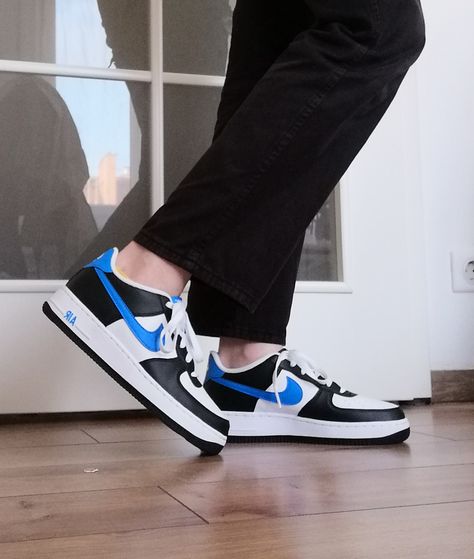 Black and white and blue Nike shoes, Nike air force 1, brand new Nike Air Force 1 Blue, Blue White Outfit, Blue Nike, White Outfits, Nike Air Force 1, Air Force 1, Nike Air Force, Air Force, Nike Shoes