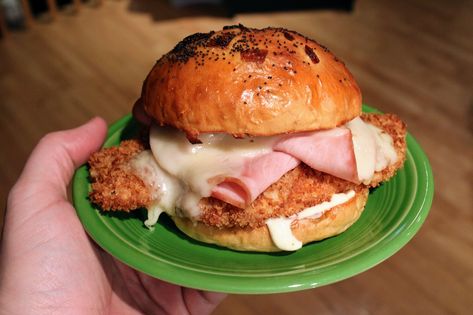 Crispy chicken cordon bleu sandwich | Recipe | Bounded by Buns Dijonnaise Recipe, Cordon Bleu Sandwich, Cordon Blu, Chicken Cordon Bleu Sandwich, Caramelized Onion Sandwich, Baked Panko Chicken, Cold Cut Sandwich, Sandwich Combinations, Panko Chicken