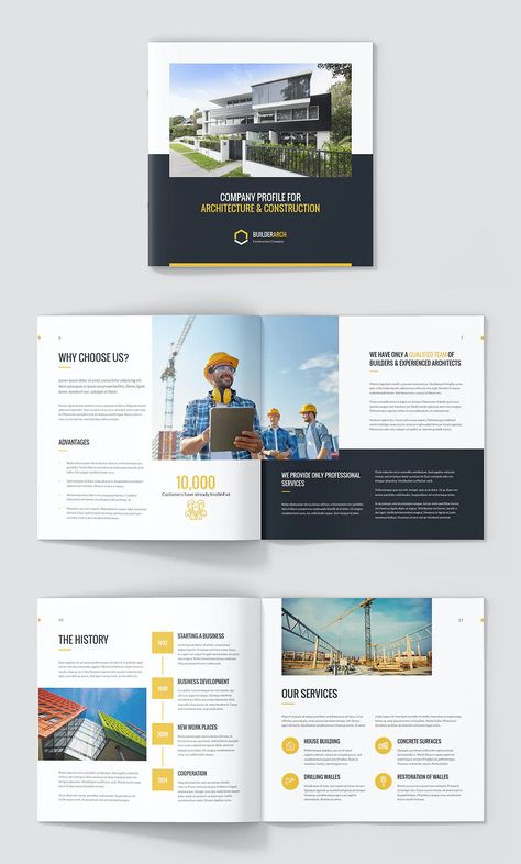 Construction Company Profile Template InDesign - 16 pages Construction Company Brochure Design, Company Profile Construction Business, Construction Profile Design, Construction Company Portfolio, Contracting Company Profile, Construction Portfolio Design, Construction Company Profile Template, Construction Brochure Design, Construction Company Profile Design