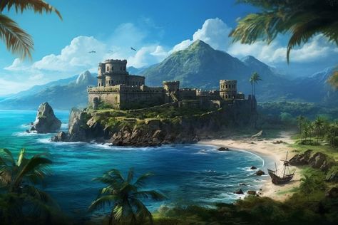 Fantasy Ocean Village, Fantasy Castle By The Sea, Island Fortress Fantasy Art, Sea Fortress Fantasy Art, Coastal Castle Fantasy Art, Aztec Architecture, Pirate Island, Pirate Games, Pirate Queen