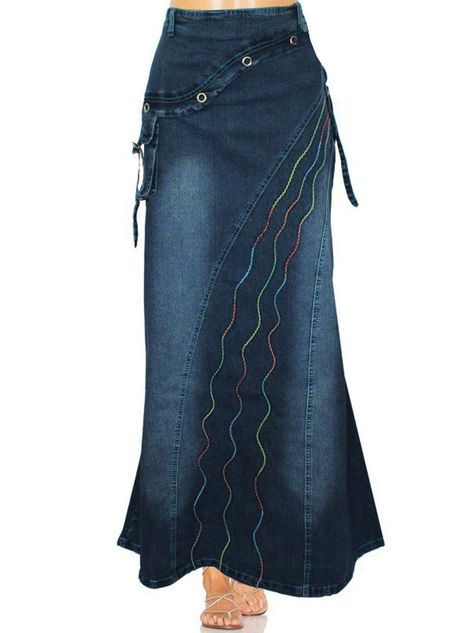 PRICES MAY VARY. Fabric: Cotton, Polyester Imported Zipper closure Wash cold separately, lining out dry High rise waist with belt loops, back center zip up closure, slim fit style Maxi long denim skirt with back split, featuring 3 pieces of colorful wavy string and slant splicing design, 2 pocket on right Feminine package hip a-line silhouette, ruffled fishtail hem, made of faded wash denim, vintage style, solid color: black/ dark blue/ blue available, great choice for daily wear, party, night c Jeans Long Skirt, Gothic Fashion Women, Casual Denim Skirt, Bell Skirt, Patchwork Denim Skirt, Vintage Denim Skirt, Womens Denim Skirts, Denim On Denim, Long Denim Skirt