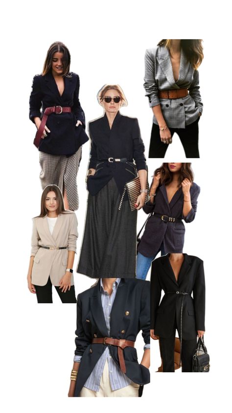 Belt With Blazer Outfit, Blazer With Belt Outfits For Women, Black Blazer With Belt, Blazer Belt Outfit, Belt With Blazer, Belt Over Blazer, Blazer With Belt Outfit, Belted Blazer Outfit, Tailored Blazer Women