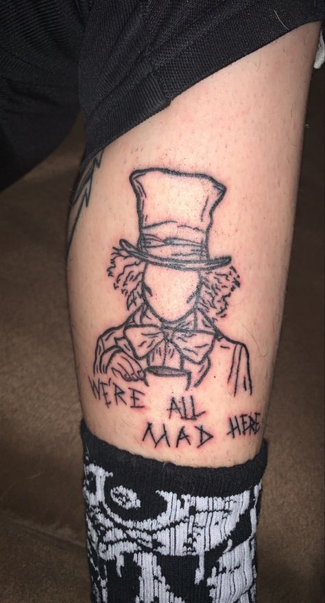 #Tattoo #mad hatter #Alice in wonderland #wlw #lgbtq #girls #girlswithtattoos Alice In Wonderland Half Sleeve Tattoo, Alice In Wonderland Thigh Tattoo, We’re All Mad Here Tattoos, Alice And Wonderland Tattoo, Alice In Wonderland Tattoo Ideas, Tattoo Alice In Wonderland, Hatter Tattoo, Mad Hatter Tattoo, Filler Tattoos