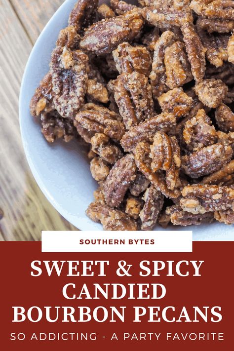 Spicy Pecans Recipe, Bourbon Pecans, Candied Pecans Recipe, Glazed Pecans, Spiced Pecans, Roasted Pecans, Nut Recipes, Pecan Recipes, Candied Nuts