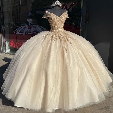 Vizcaya, Valencia & Valentina’s Instagram photo: “Beautiful Belle vibes 🥀✨ Valencia, Style 60091 ✨” Champagne Quince Dresses, Gold Quince Dress, Gold Princess Dress, Champagne Quinceanera, White Quince Dresses, Champagne Quince, Champagne Quinceanera Dresses, White Quinceanera Dresses, Vestido Charro