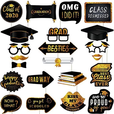 AmazonSmile: Graduation Photo Booth Props - 2020 Graduation Party Supplies and Decorations - Class of 2020 Large and Durable, Black and Gold Photo Props (No Glitter) - 22 Count: Kitchen  Dining Graduation Party Photo Booth Props, Grad Photo Props, Graduation Photo Props, Graduation Photo Booth Props, Graduation Images, Graduation Photo Booth, Graduation Poster, Graduation Party Decorations, Grad Party Decorations