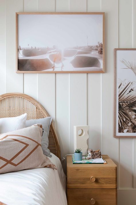 GET THE LOOK WHITE BEDROOM — THREE BIRDS RENOVATIONS Bedroom Feature Wall, Timber Feature Wall, Architectural Detailing, Feature Wall Bedroom, Timber Battens, Three Birds Renovations, Plain Wall, Contemporary Art Deco, Timber Walls