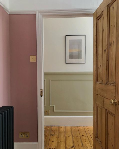 SE london victorian reno on Instagram: “Pink and green should always be seen...? ................................................................................. Radiator…” Pink Walls Green Trim, Painted Floorboards, Blush Walls, Green Hallway, Bedroom Styling, Pink Door, Green Door, Spare Bedroom, Wooden Beams