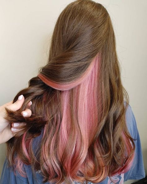 17 Brown Hair Ideas With Black, Blue, Pink and Purple Underneath Pink And Purple Lowlights, Light Pink Underneath Hair Dark Brown, Blond Brown And Purple Hair, Light Brown Hair With Pink Highlights Underneath, Blue And Pink Peekaboo Hair, Peekaboo Highlights For Light Brown Hair, Brown Hair Pink Peekaboo, Pastel Pink Underneath Hair, Light Brown Hair With Pop Of Color