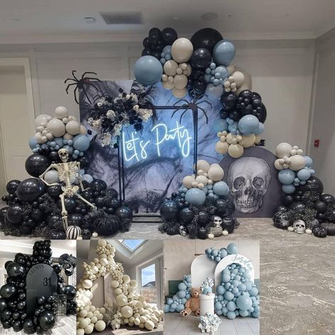 Amazon.com: Black Halloween Balloon Garland With Dusty Blue White Sand Balloons For Party : Home & Kitchen Blue Black Party Decorations, Halloween Balloon Garland, Halloween Theme Decoration, Blue Party Decorations, Halloween Party Balloons, Halloween Balloons, Modern Halloween, Halloween Garland, Black Balloons